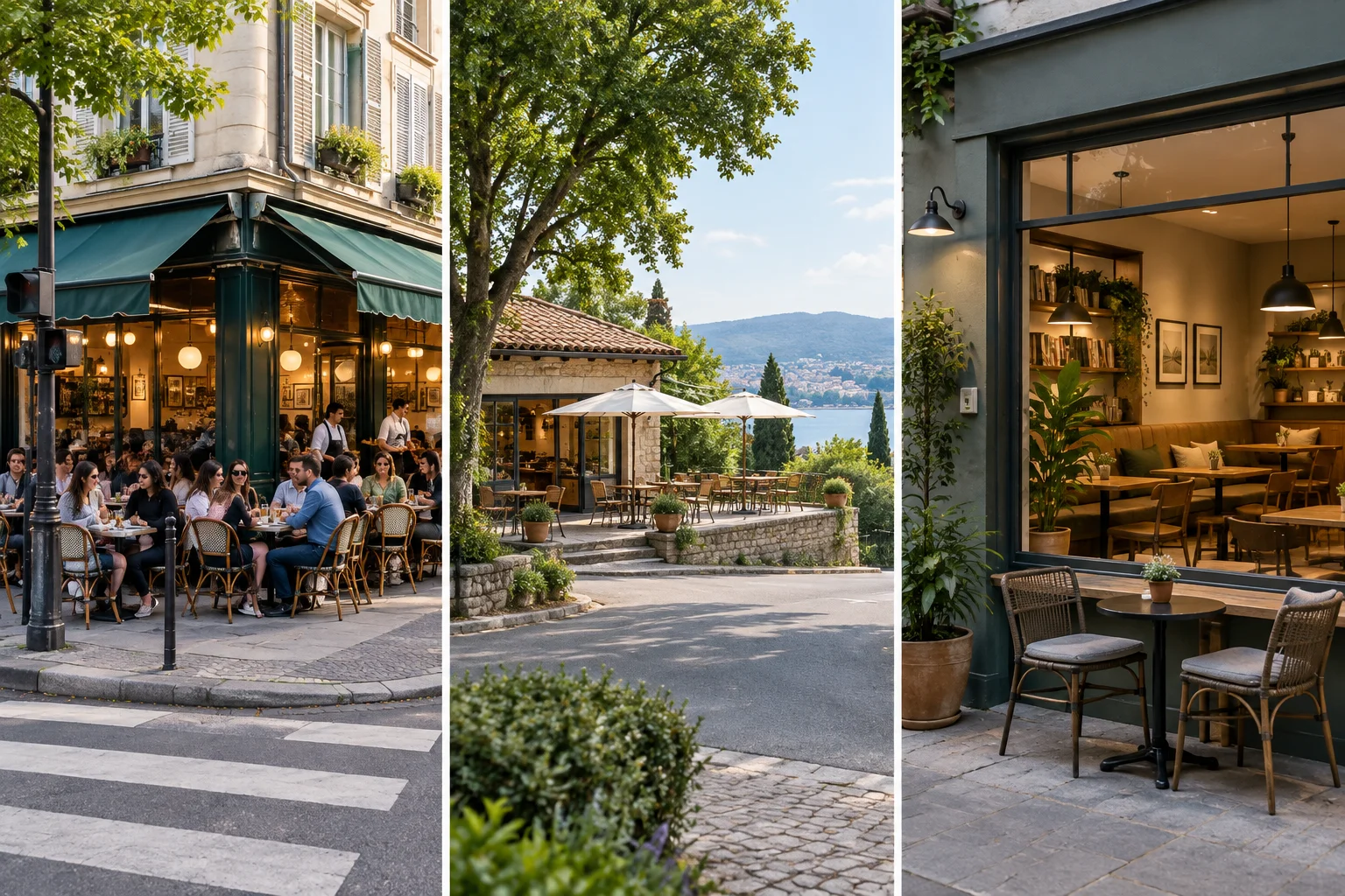 Três cafés: um próximo e cheio, um mais distante e tranquilo, e um relativamente próximo com ambiente calmo.