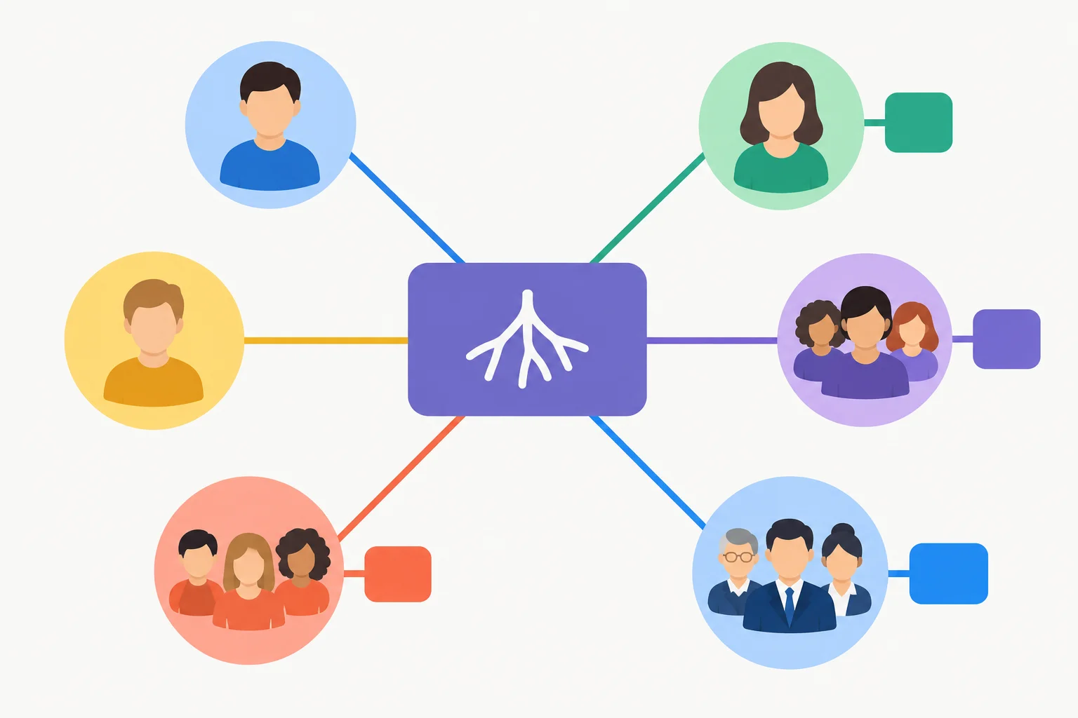 Diagrama visual de um bloco de radical central ligado a seis pessoas; apenas quatro recebem blocos menores de terminação.