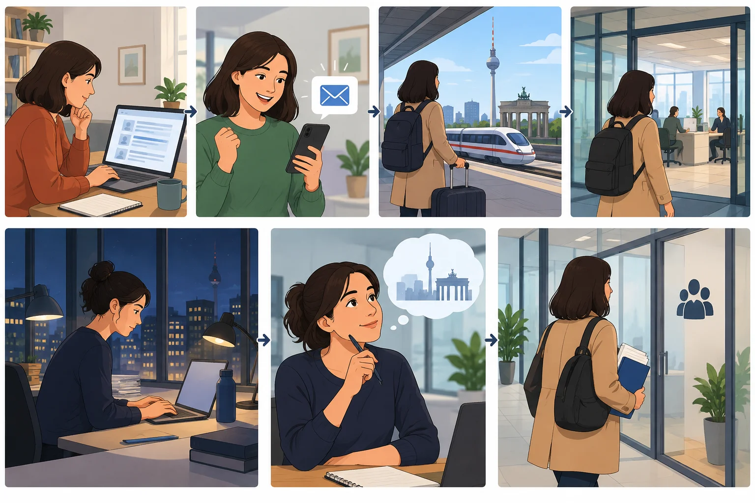 Sequência visual dos acontecimentos de Mia ao iniciar um novo emprego.