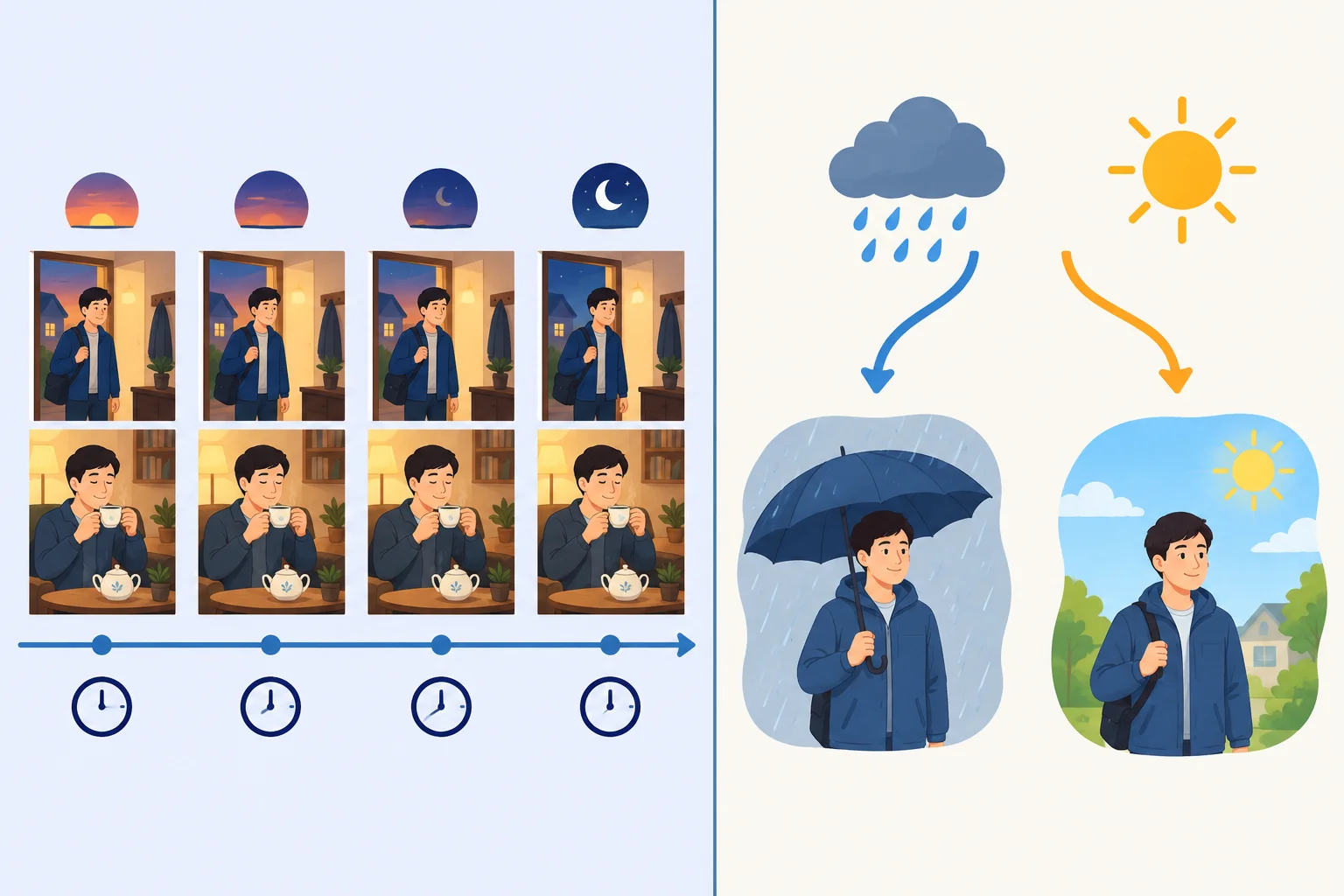 Comparação entre uma sequência de situações repetidas e uma escolha que depende de uma condição.