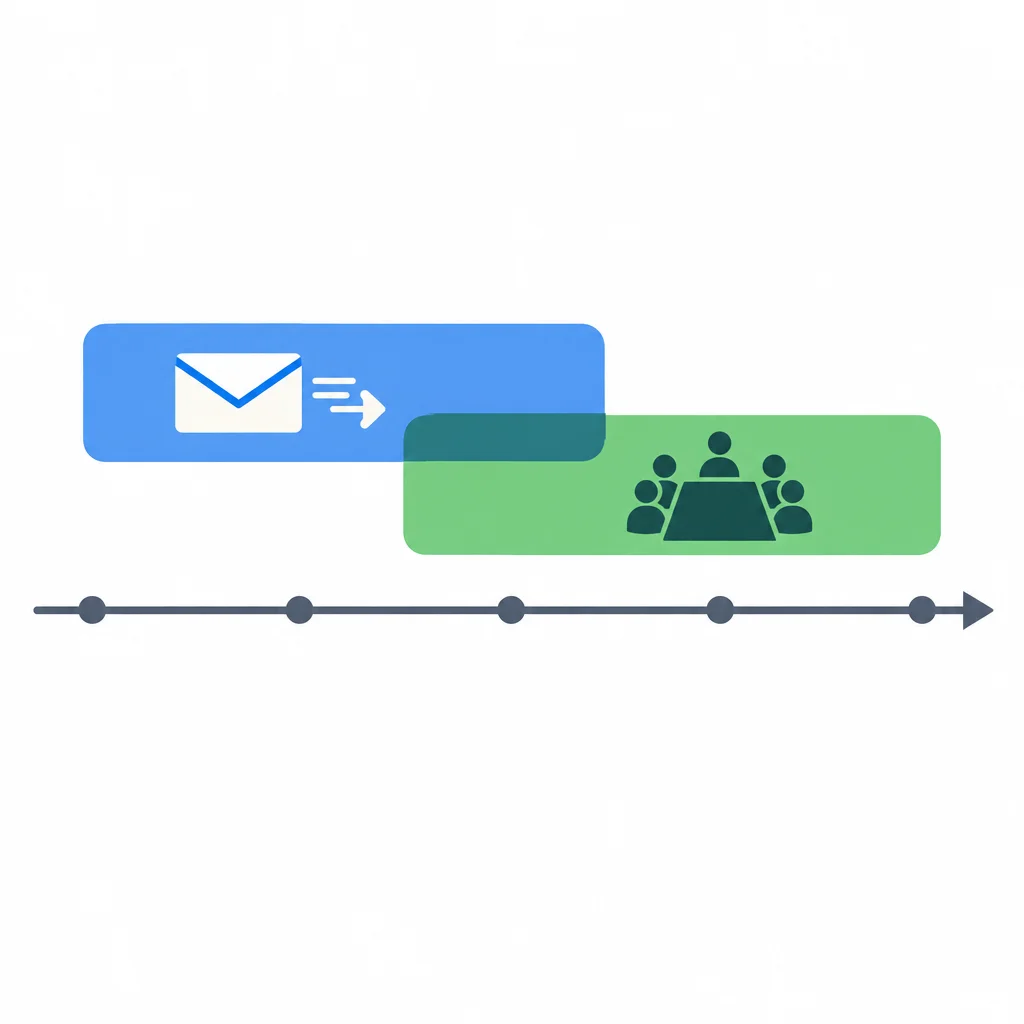 O e-mail é escrito durante a reunião.