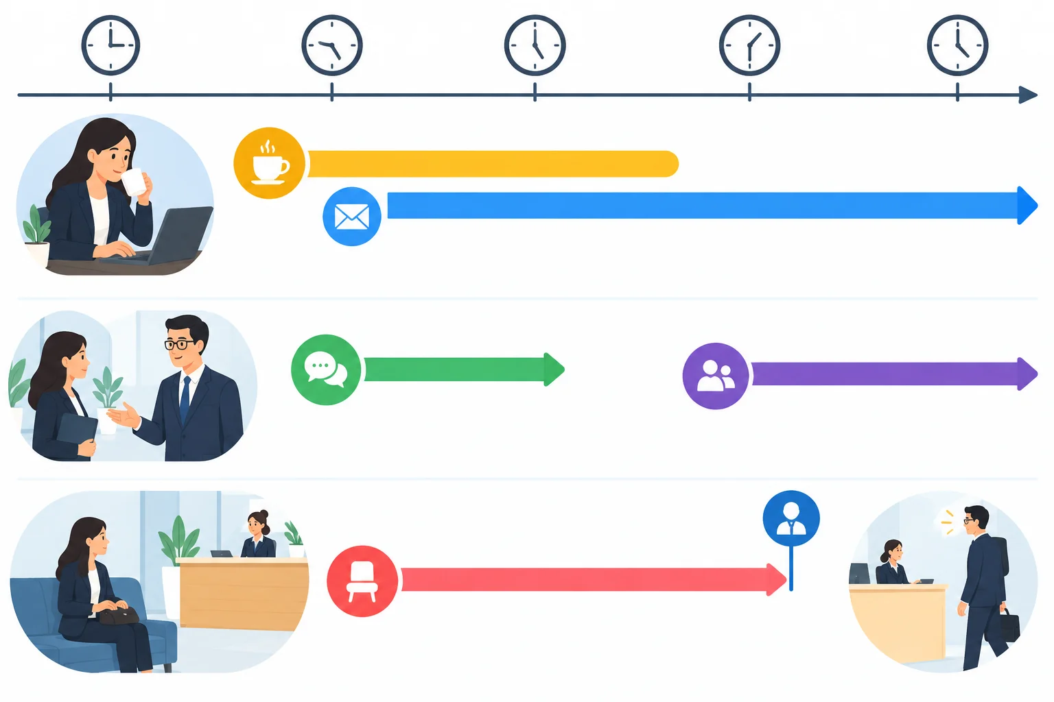 Linha do tempo visual com café e e-mails sobrepostos, conversa antes de uma reunião e espera na recepção até a chegada da supervisora.
