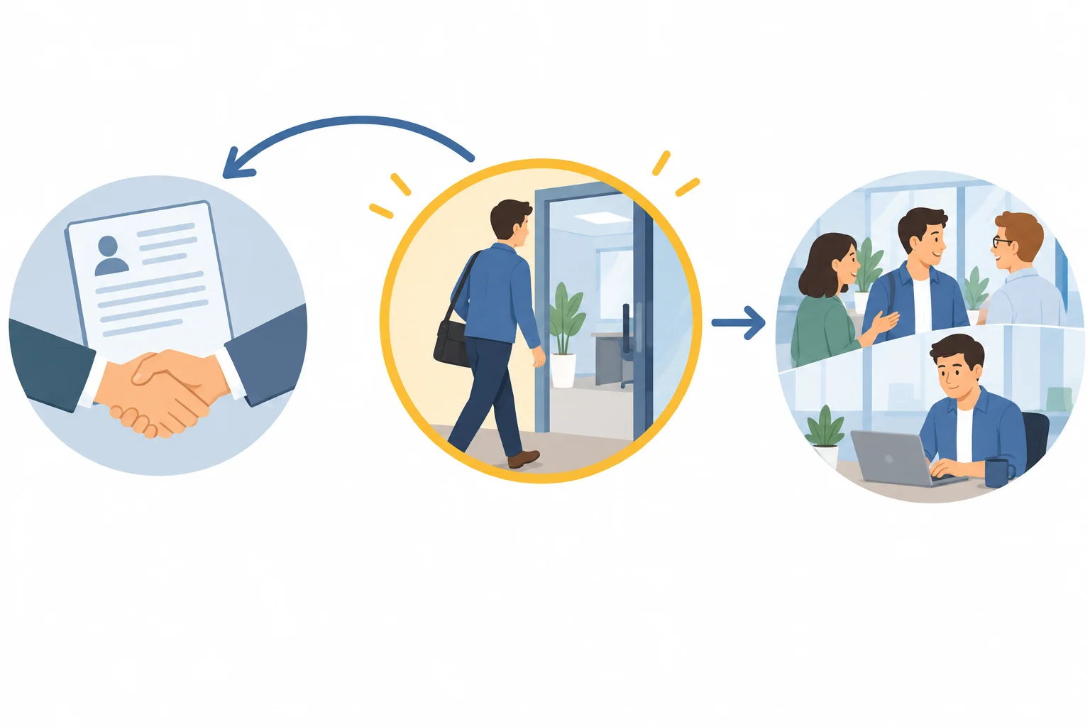 Linha do tempo com uma candidatura e contratação anteriores, o início de trabalho como ponto de referência e a continuação do trabalho depois.