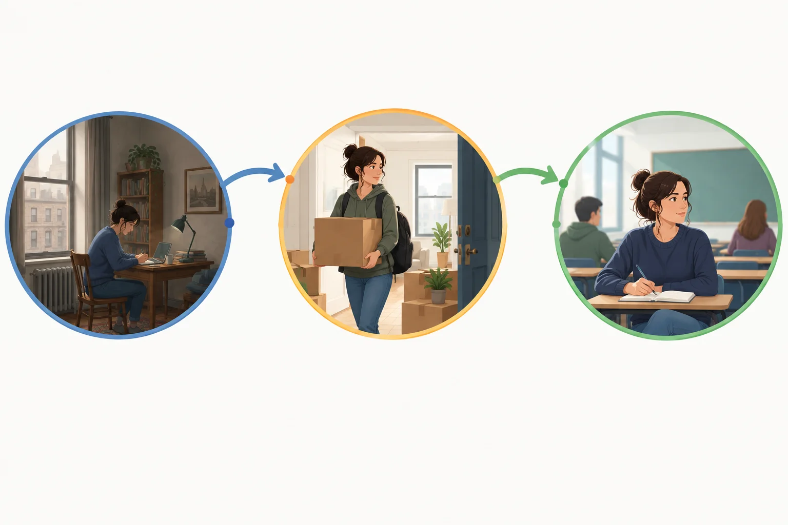 Linha do tempo visual: uma situação anterior, a mudança de moradia como episódio central e a continuação da história em um curso.