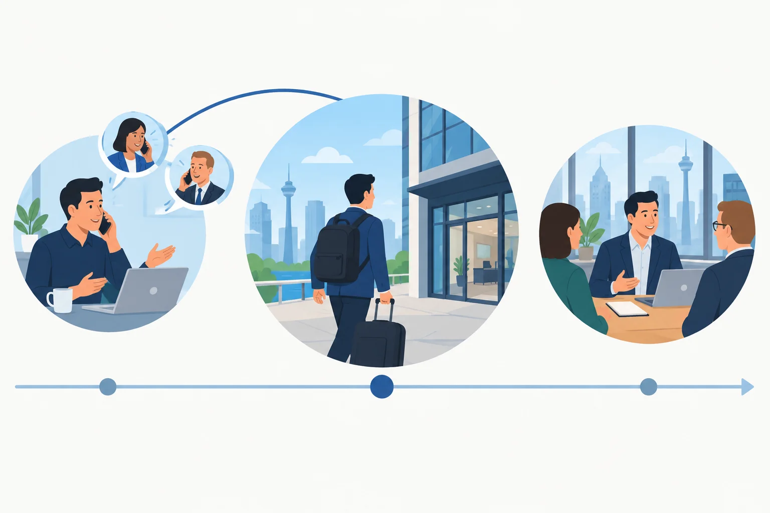 Linha do tempo visual com telefonemas anteriores, início em um novo trabalho e encontros posteriores com clientes.