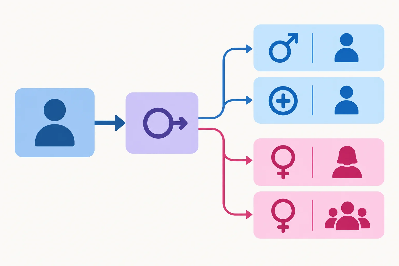 Diagrama que separa o núcleo do complemento e agrupa masculino e neutro singular de um lado, feminino singular e plural de outro.