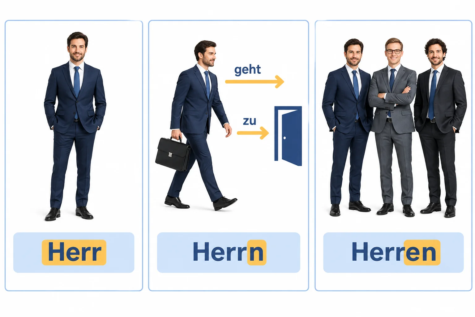 Esquema visual contrastando Herr para uma pessoa como sujeito, Herrn para uma pessoa em outros casos e Herren para um grupo.