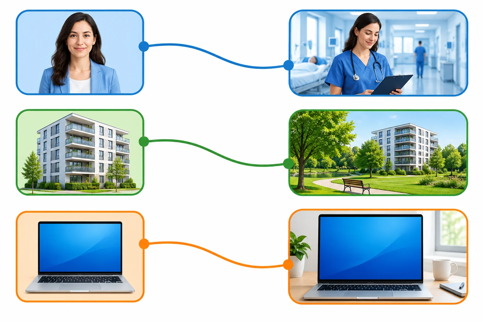 Esquema com uma mulher, um prédio residencial e um laptop, cada um ligado por uma linha a seu detalhe correspondente.