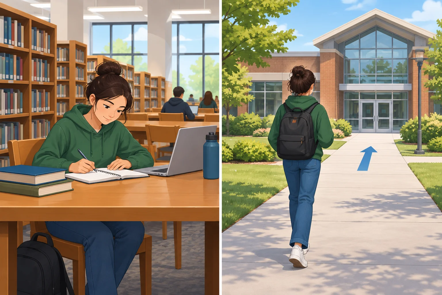 Comparação entre uma pessoa estudando dentro de uma biblioteca e a mesma pessoa caminhando em direção à biblioteca.