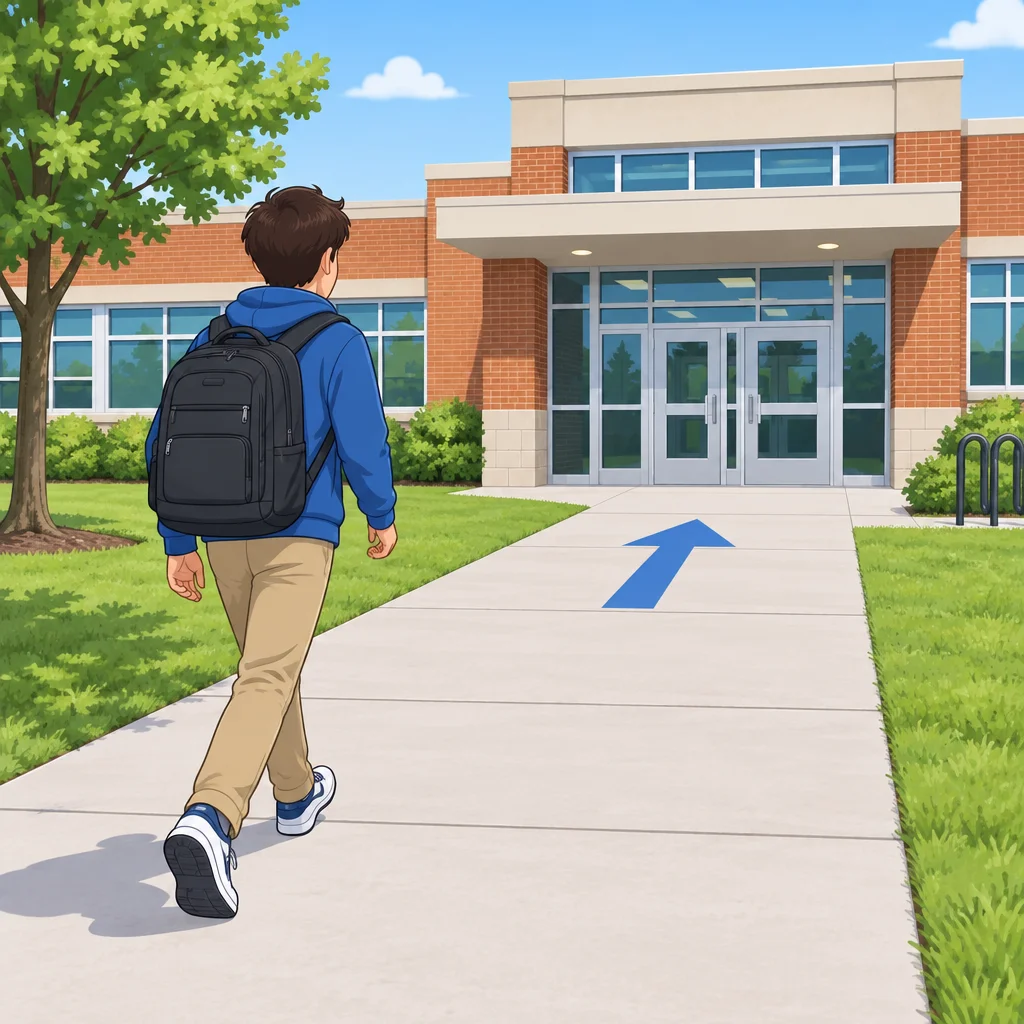 A estudante vai em direção à escola.