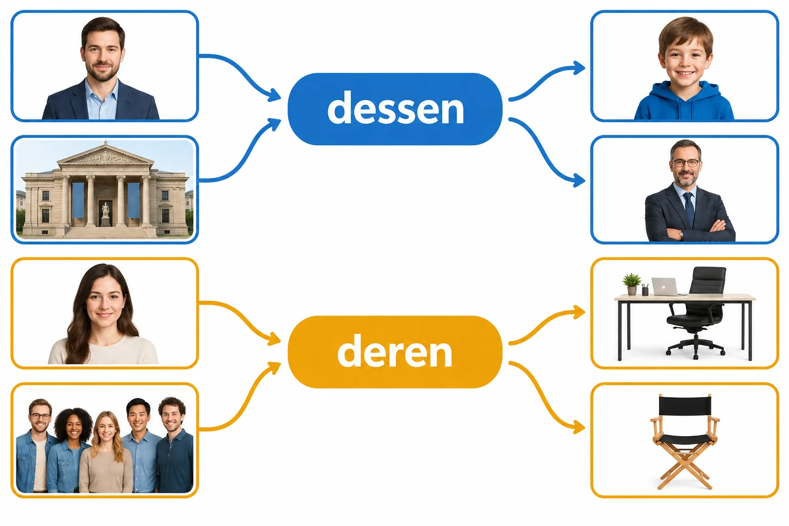 Esquema visual: antecedente masculino ou neutro singular leva a dessen; antecedente feminino singular ou plural leva a deren, independentemente do elemento relacionado.