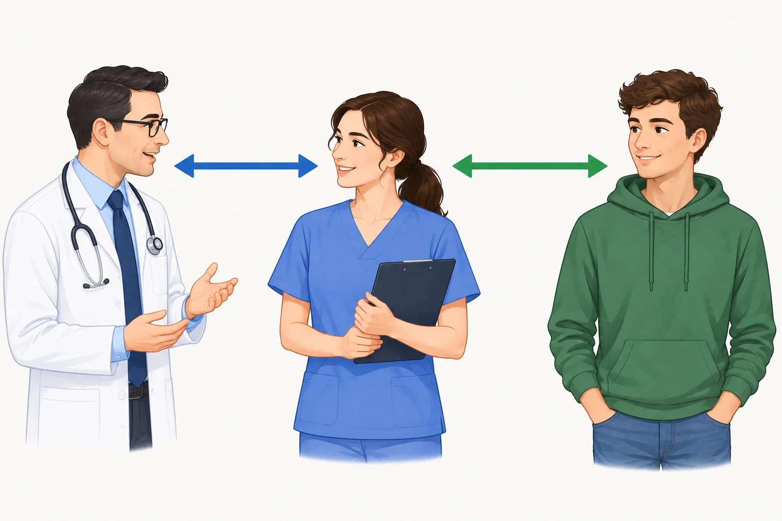 Esquema com um médico, uma colega e o irmão dela; a ligação de parentesco parte da colega, não do médico.