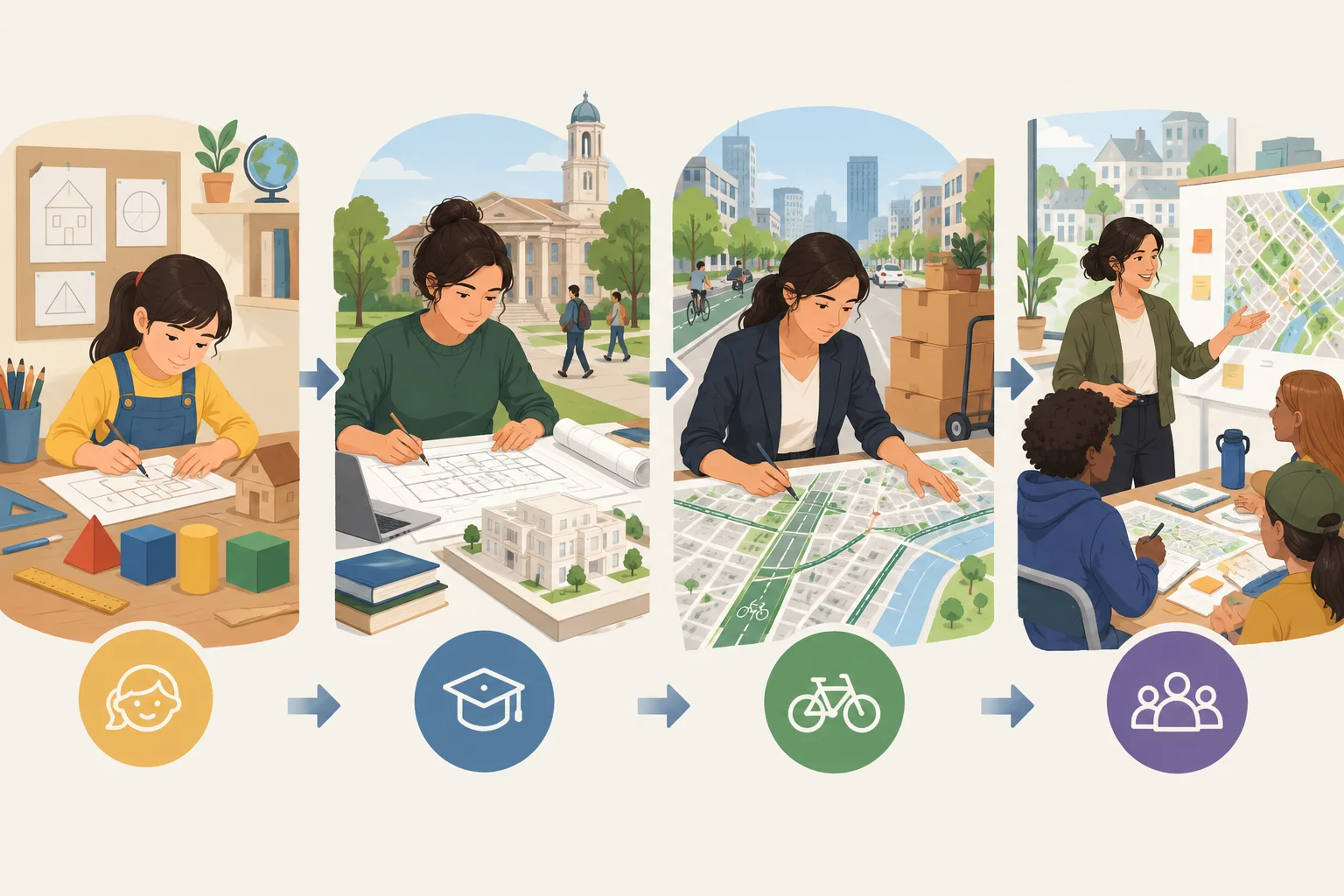 Linha do tempo visual com quatro momentos: infância e interesse por desenho, estudos de arquitetura, trabalho e mudança de cidade, e atuação profissional independente com ensino.