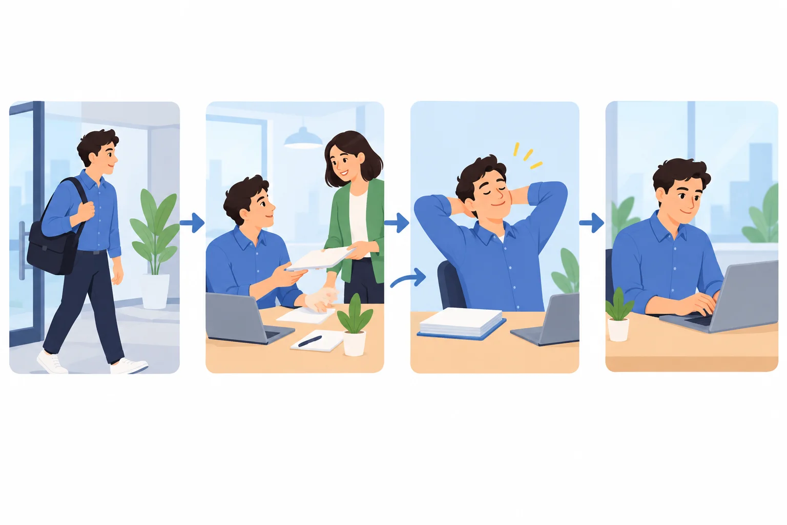 Diagrama com quatro momentos conectados: chegada a um novo trabalho, primeira tarefa, reação de alívio após concluí-la e continuação do trabalho.