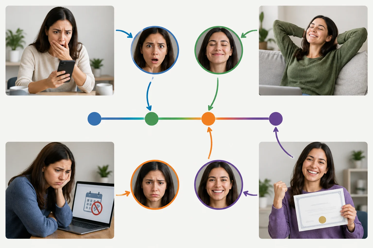 Diagrama com quatro acontecimentos e as reações de surpresa, alívio, decepção e orgulho.