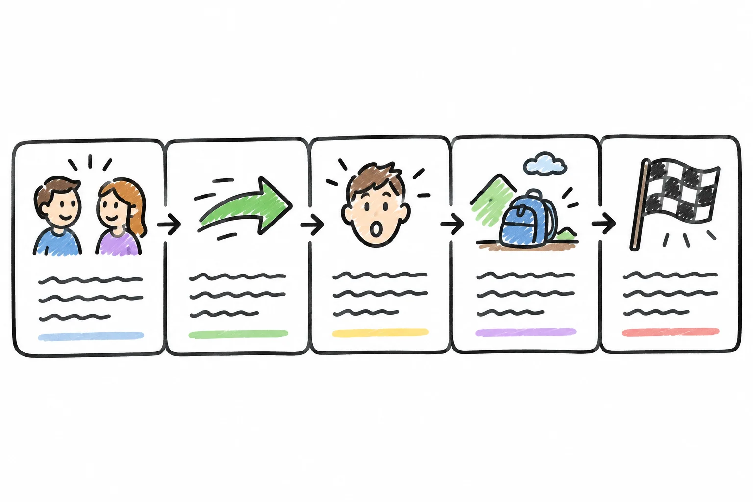 Esquema de um cartão com cinco campos conectados: participantes, ação, reação, detalhe e resultado.