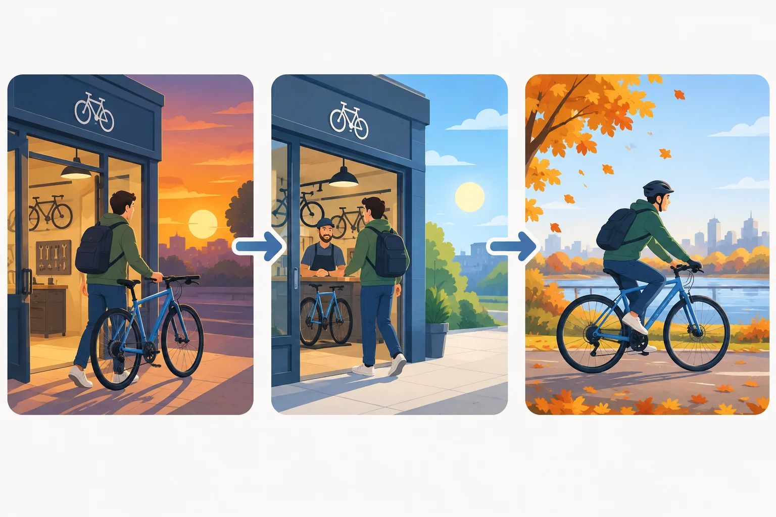 Três momentos de uma mesma experiência ligados por uma linha do tempo: saída de uma oficina, retorno no dia seguinte e uso posterior da bicicleta.