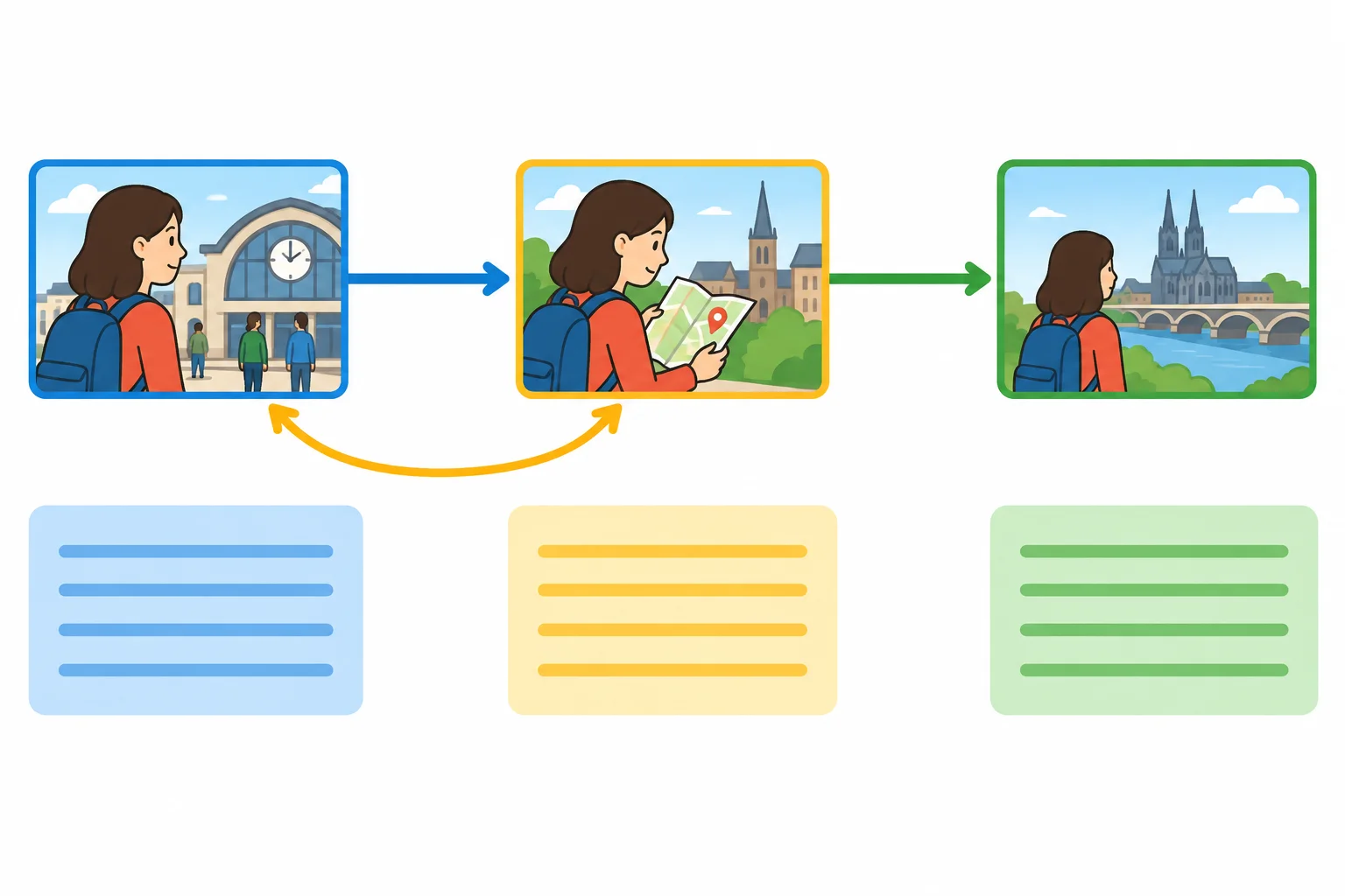 Diagrama de três parágrafos em uma linha do tempo, com uma volta breve para um fato anterior e retorno ao episódio principal.