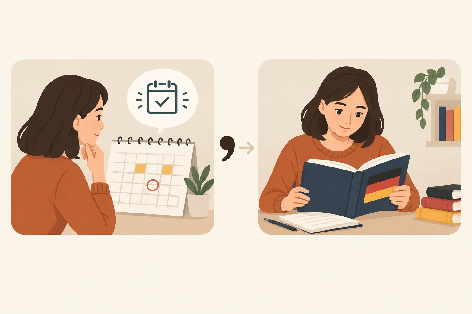 Diagrama com dois blocos conectados: uma expressão inicial de plano e a ação complementar de estudar.