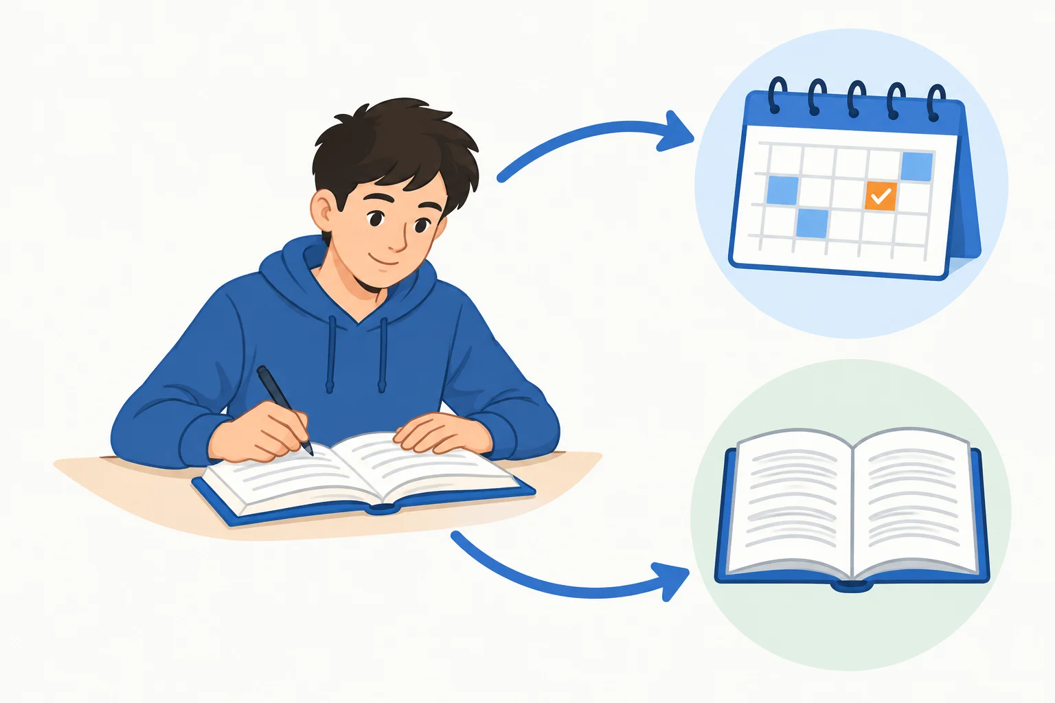 Um estudante aparece ligado tanto à ação de planejar quanto à ação de estudar, mostrando que é a mesma pessoa nas duas ações.