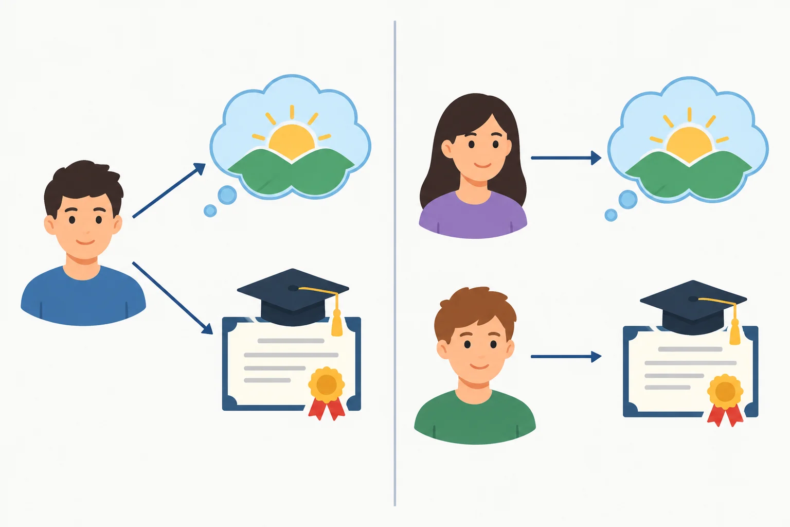 Diagrama comparando uma pessoa ligada à expectativa e à ação, à esquerda, com duas pessoas diferentes ligadas à expectativa e à ação, à direita.