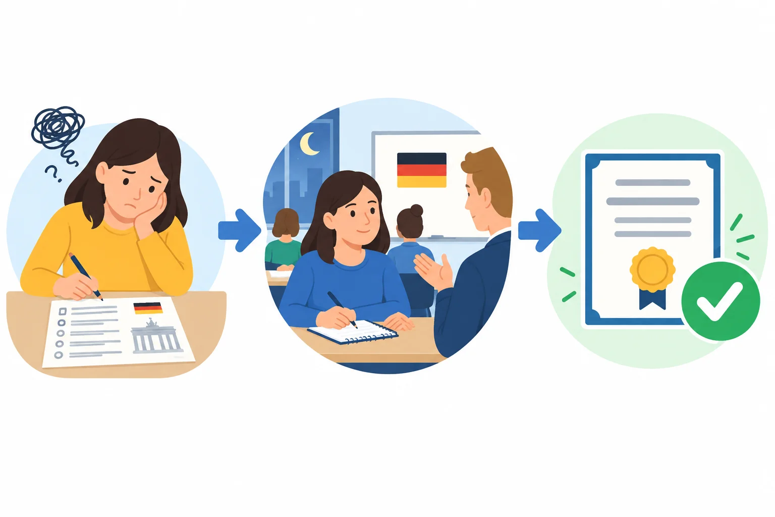 Diagrama visual com uma necessidade, uma ação de estudo, um objetivo pretendido e um resultado confirmado em etapa separada.