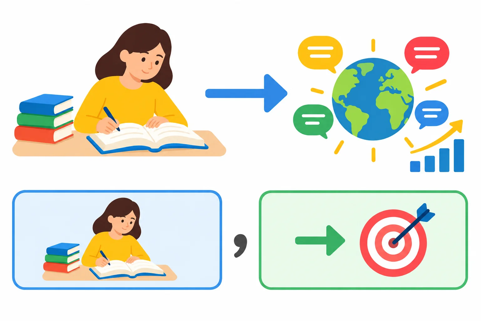 Diagrama mostrando uma pessoa estudando, seguida por uma vírgula e uma seta que leva ao objetivo de melhorar uma habilidade.