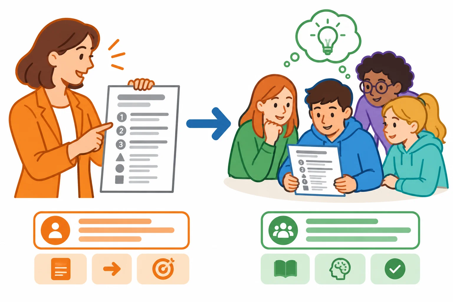 Diagrama com uma professora explicando uma tarefa e alunos como participantes do objetivo pretendido.