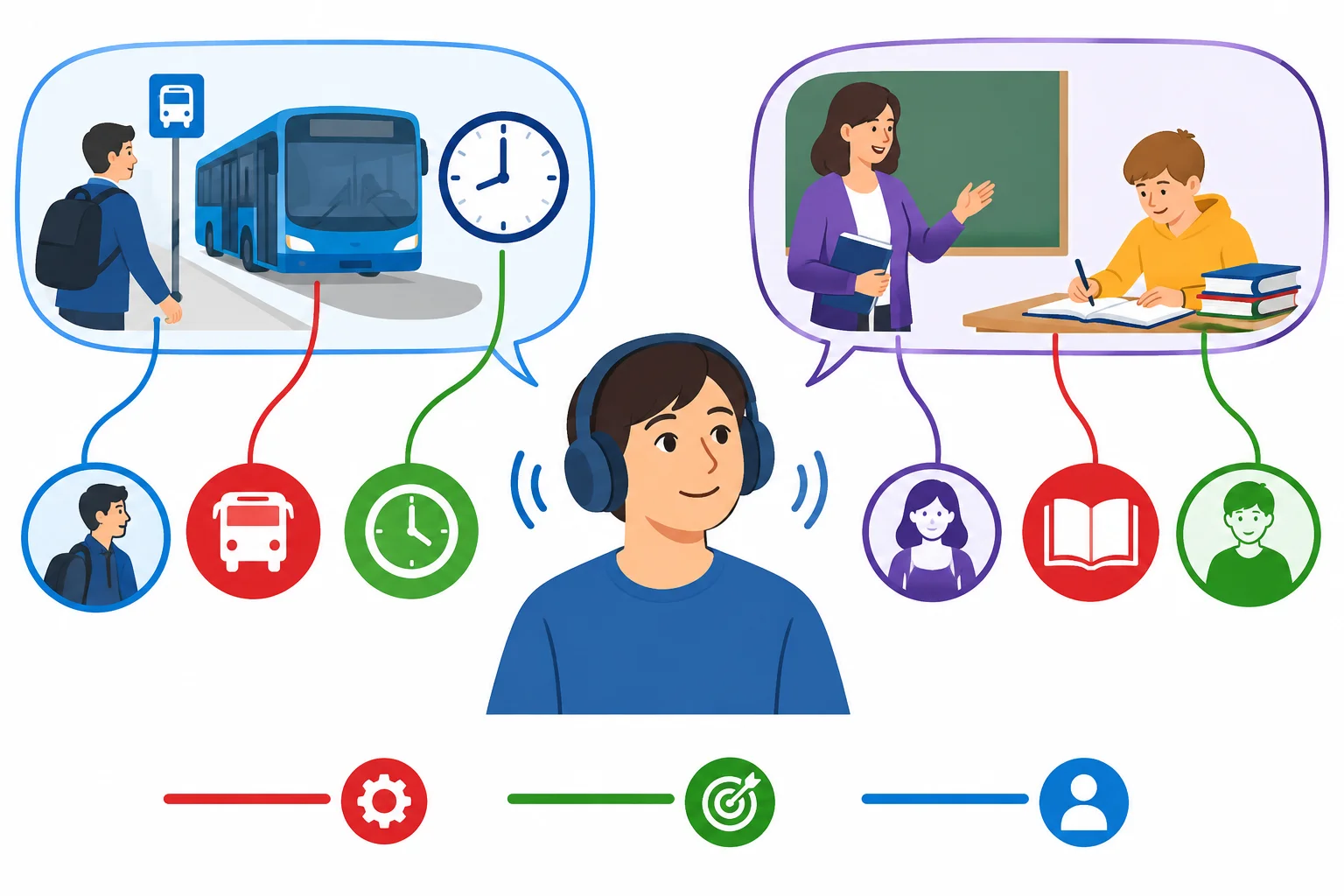Diagrama visual de duas falas: uma pessoa pega o ônibus para economizar tempo e uma professora explica algo para que uma aluna se torne mais independente.