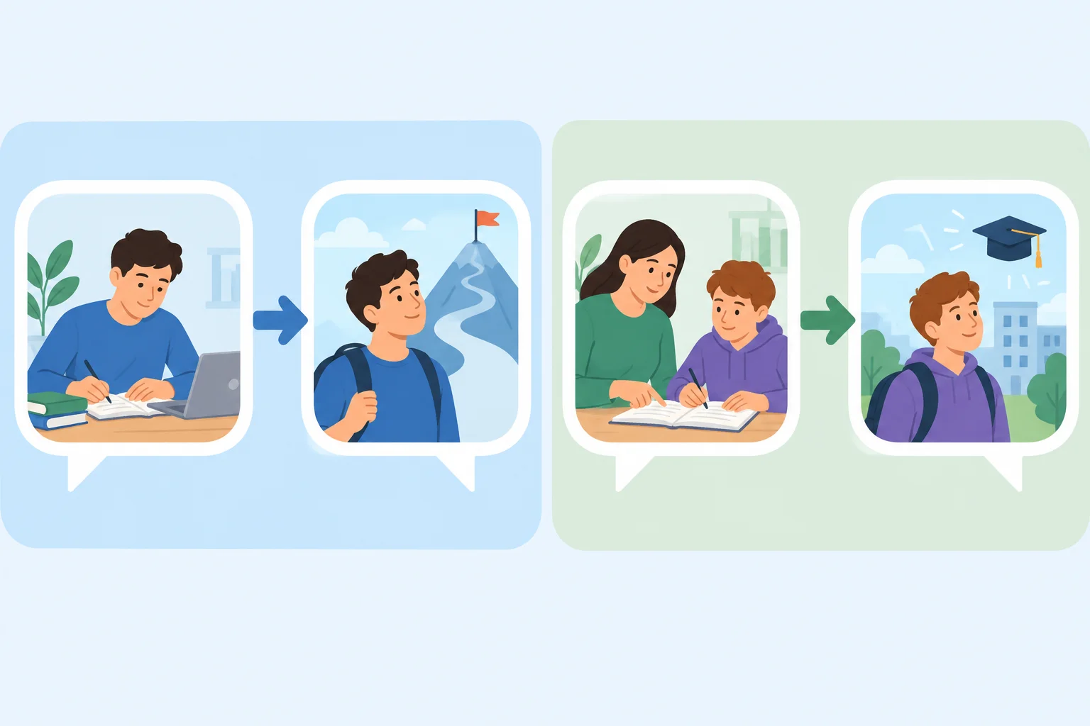Comparação visual entre uma ação e objetivo da mesma pessoa, e uma ação de uma pessoa com objetivo de outra.