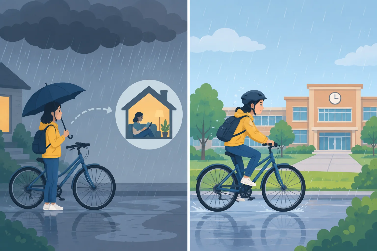 Comparação entre chuva, que sugere ficar em casa, e uma pessoa que vai de bicicleta para a aula mesmo assim.