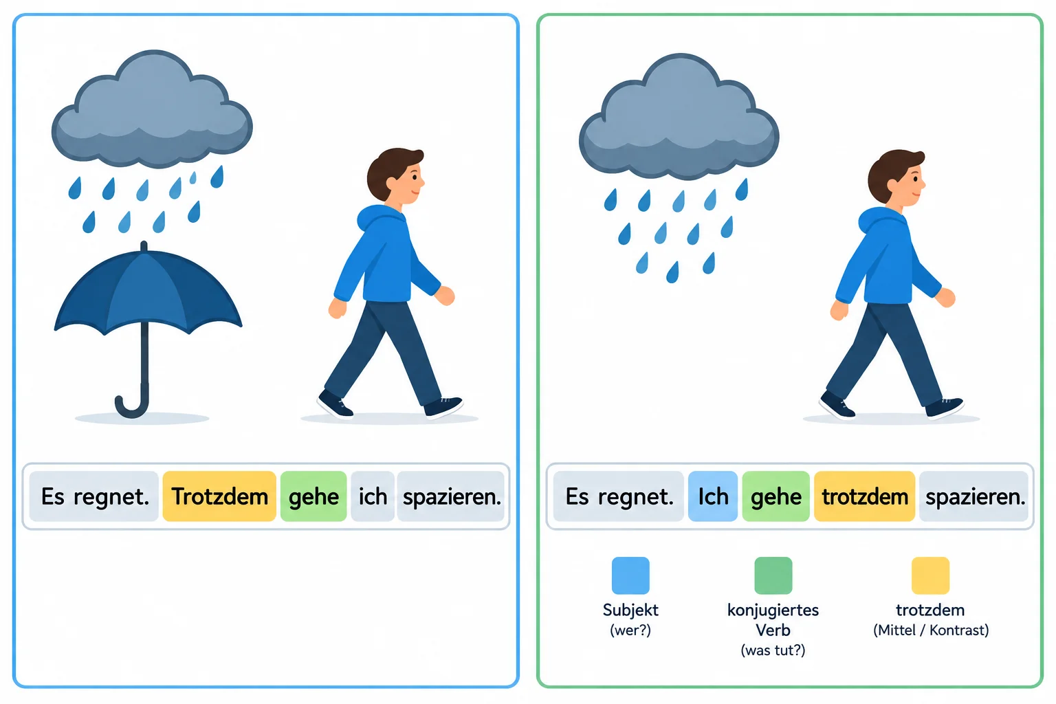 Comparação entre duas frases: uma com trotzdem no início e outra com trotzdem no interior, ambas ligando chuva à decisão de passear.