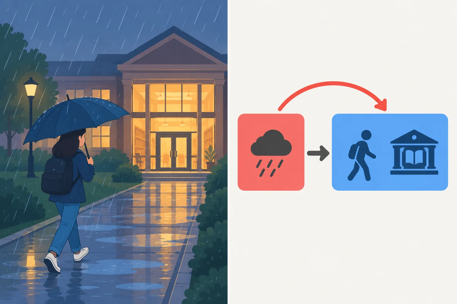 Diagrama visual de uma dificuldade, como chuva, e de uma ação mantida, como ir à biblioteca.