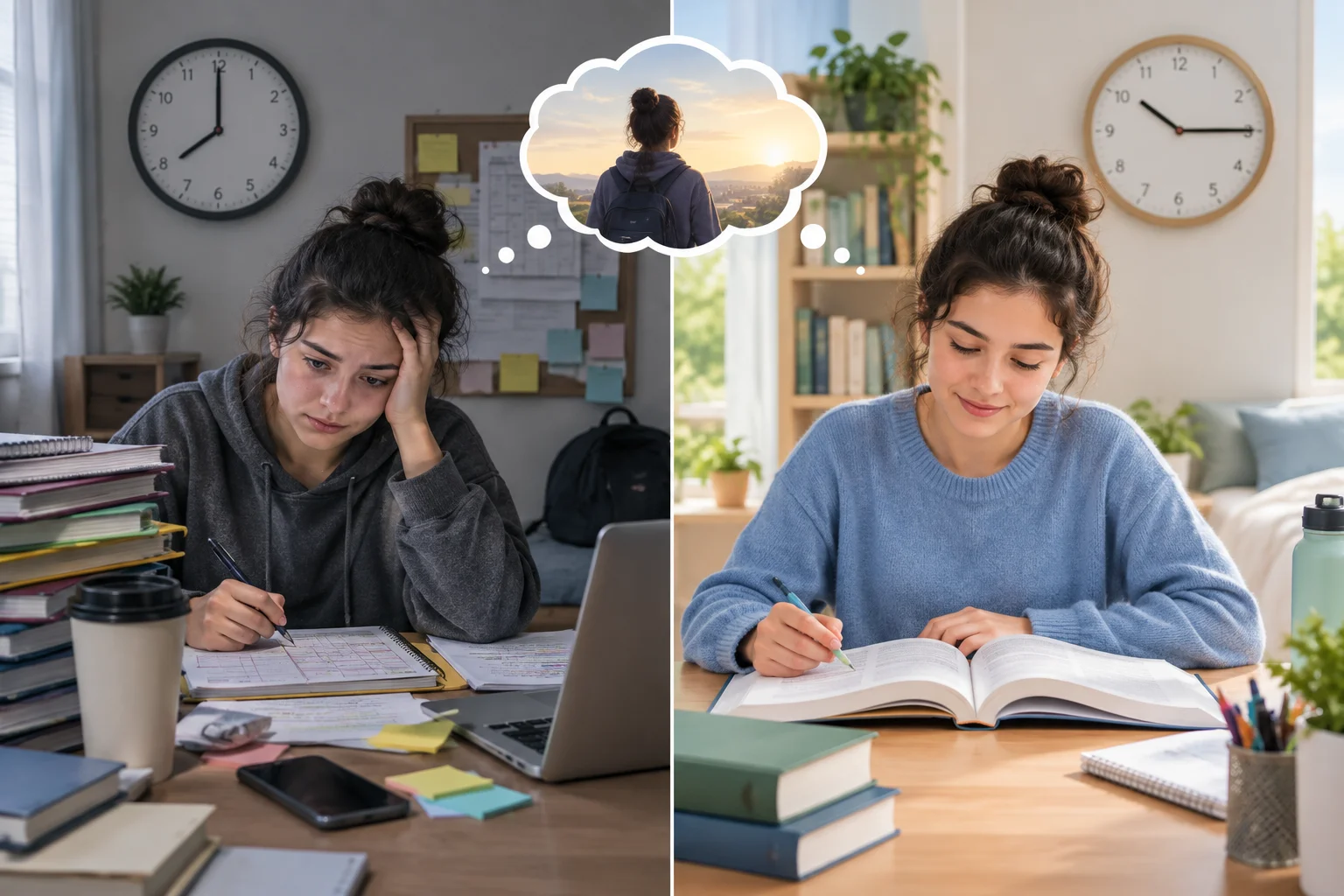 Comparação entre uma rotina atual com pouco tempo e uma situação imaginada com tempo para estudar.