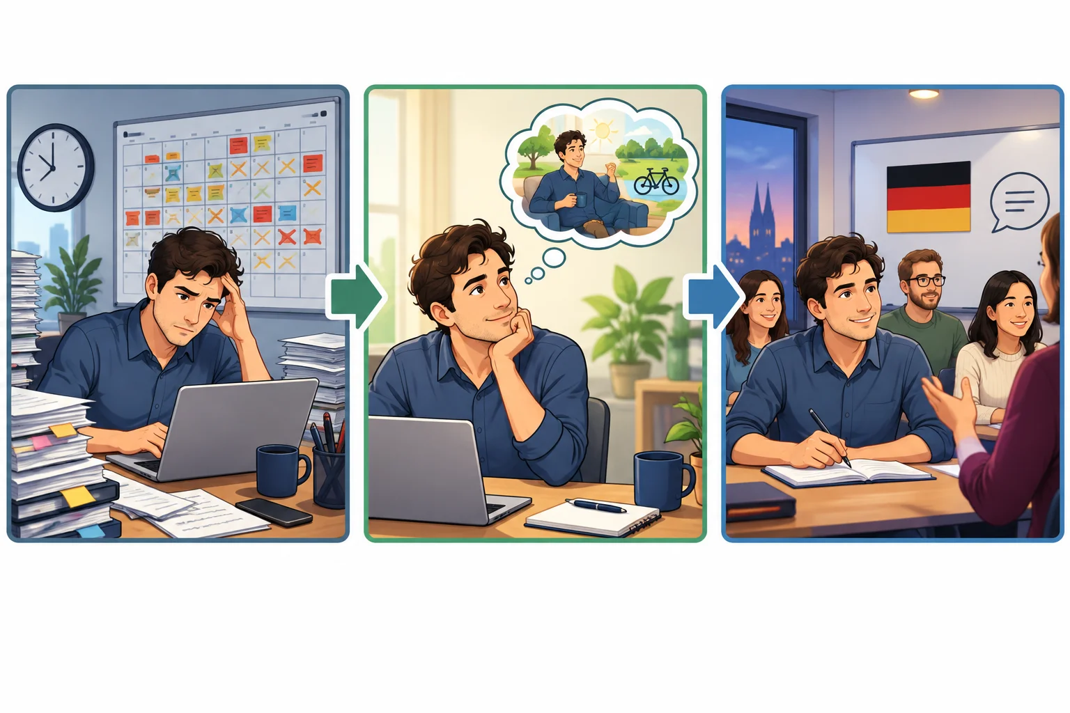 Sequência visual: rotina de trabalho cheia, desejo de ter mais tempo livre e participação imaginada em um curso de alemão.
