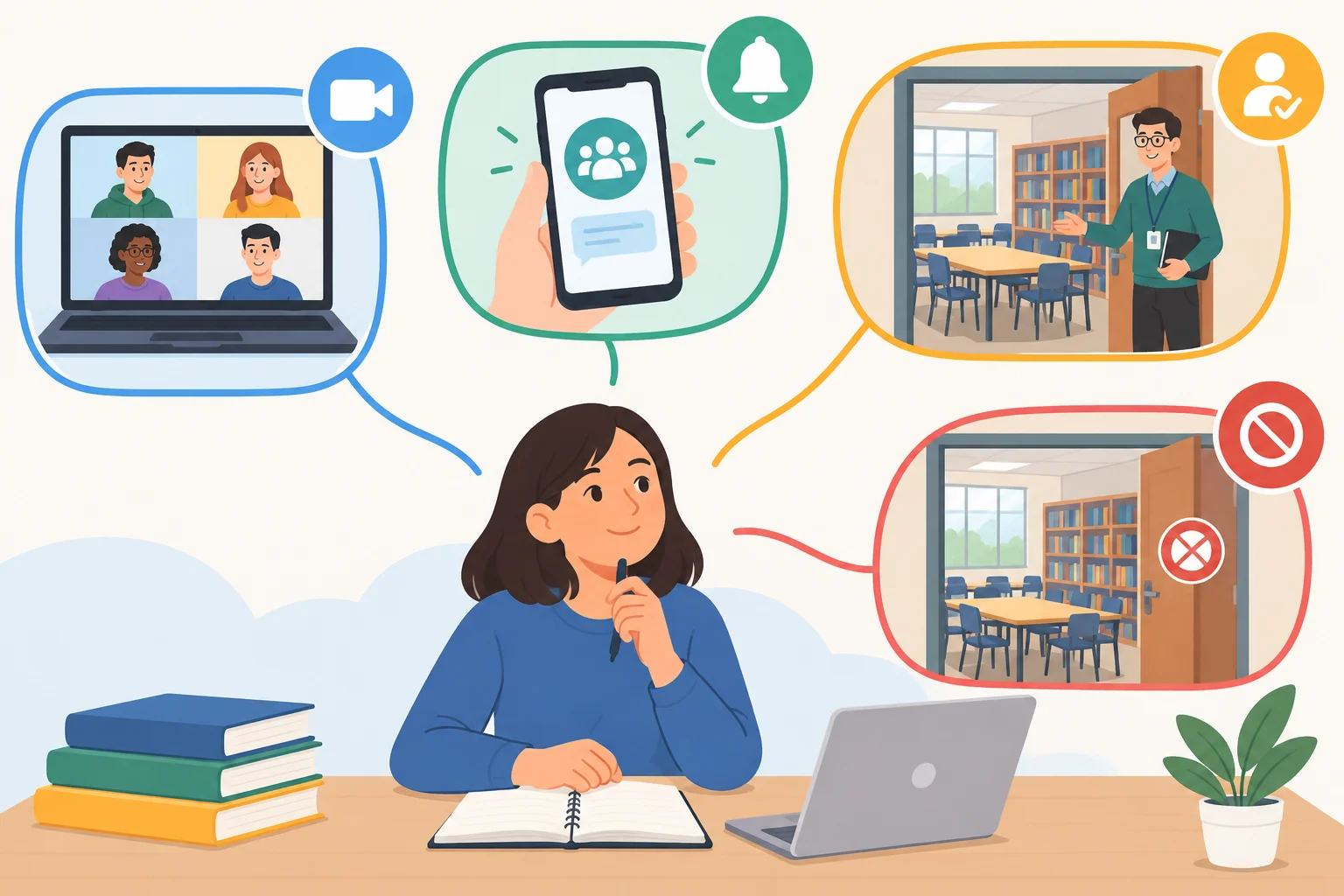 Esquema visual de quatro caminhos para um encontro de estudos: reunião on-line, aviso ao grupo, sala com tutor e sala sem autorização sem tutor.