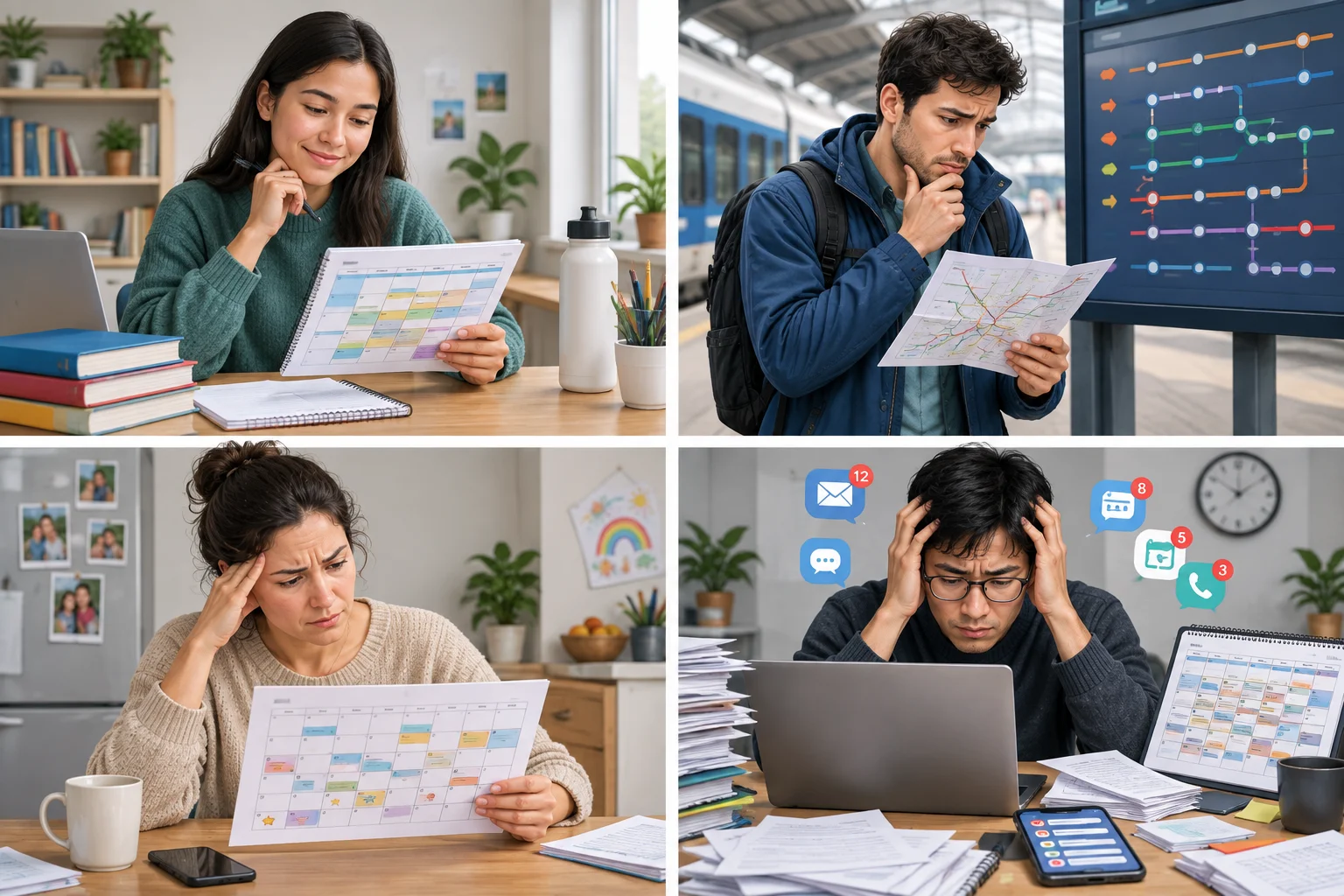 Quatro situações de planejamento: confiança diante de um cronograma, insegurança com uma conexão, preocupação com o calendário familiar e sobrecarga com muitas tarefas.