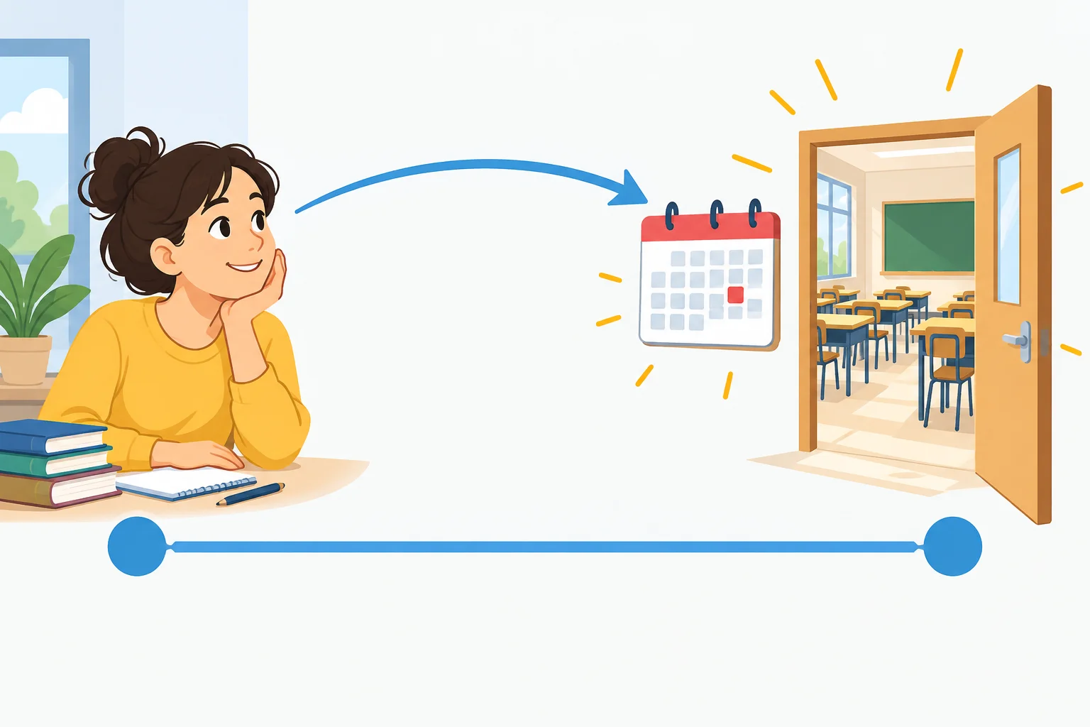 Linha do tempo em que uma pessoa alegre, no presente, olha para um curso que ocorrerá no futuro.