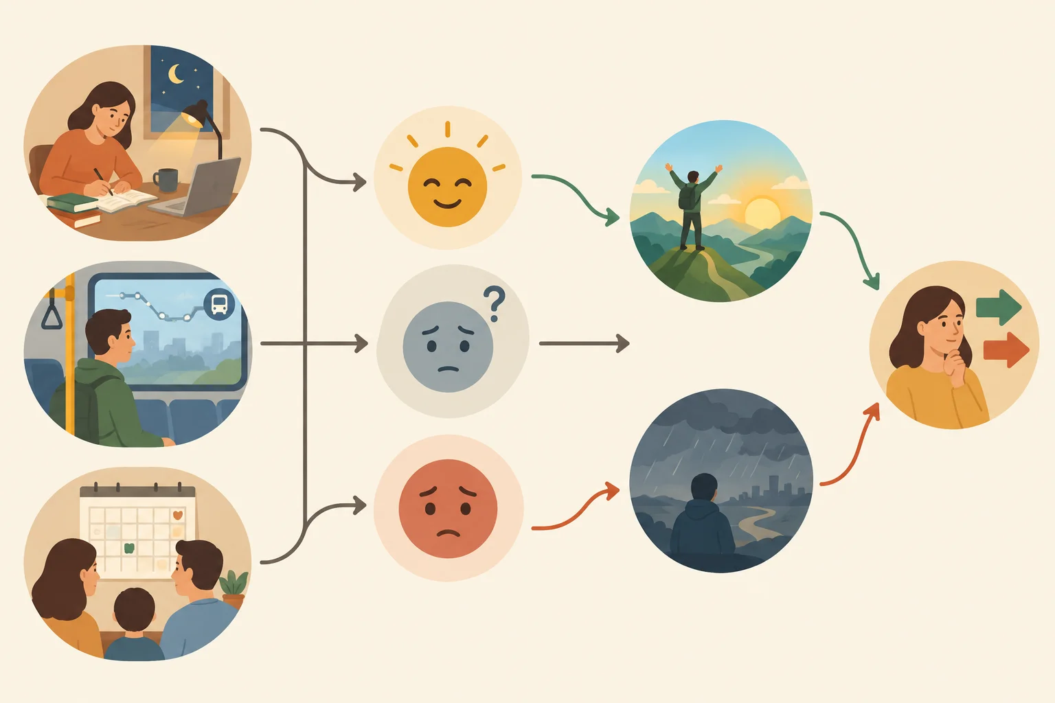 Esquema visual que liga uma situação cotidiana a um sentimento, a uma expectativa desejada ou temida e a uma decisão pessoal.