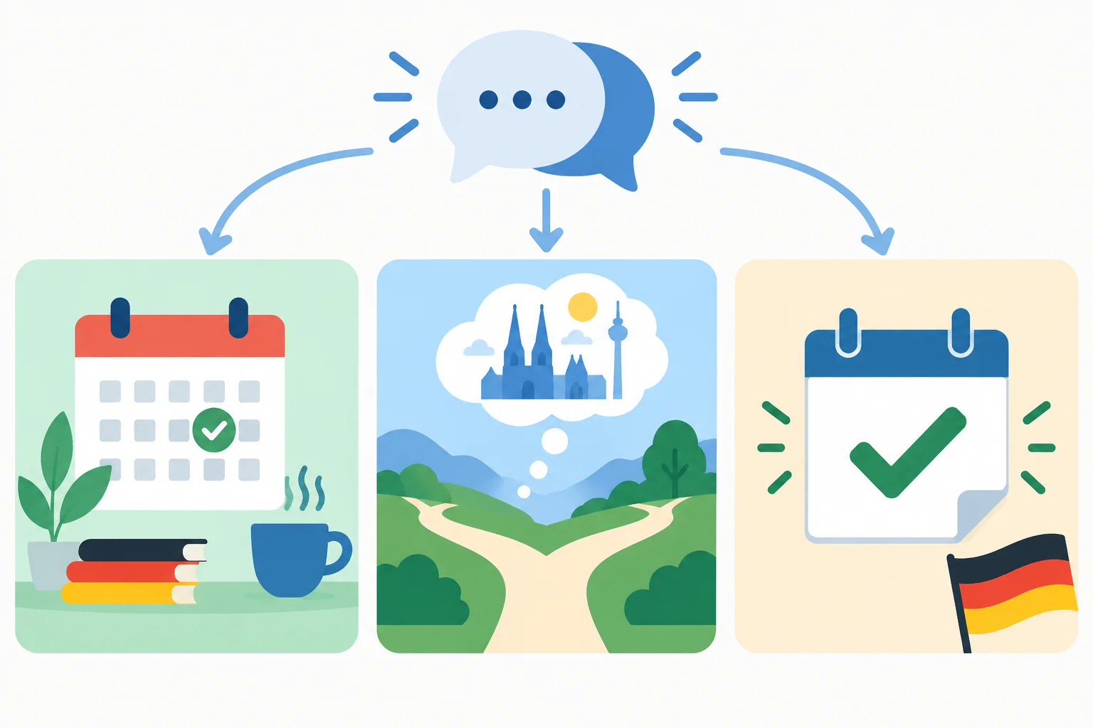 Diagrama com três caminhos visuais: situação presente, possibilidade imaginada e compromisso anunciado.