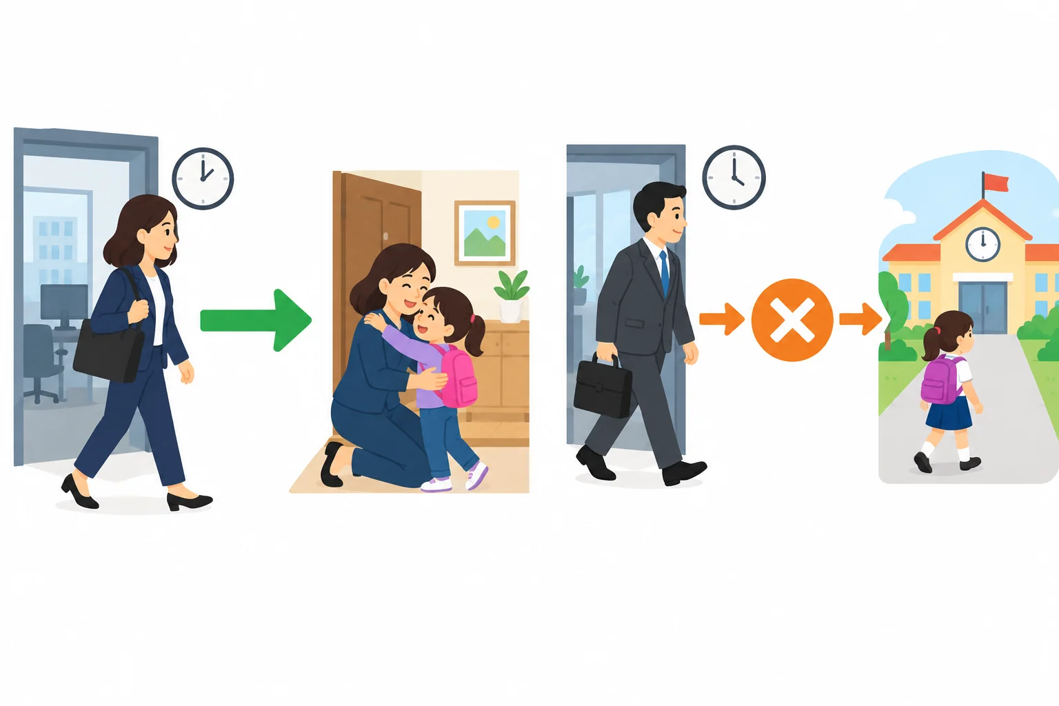Diagrama visual mostrando uma opção que ajuda uma criança a não esperar sozinha e uma circunstância familiar que cria um obstáculo para outra opção.