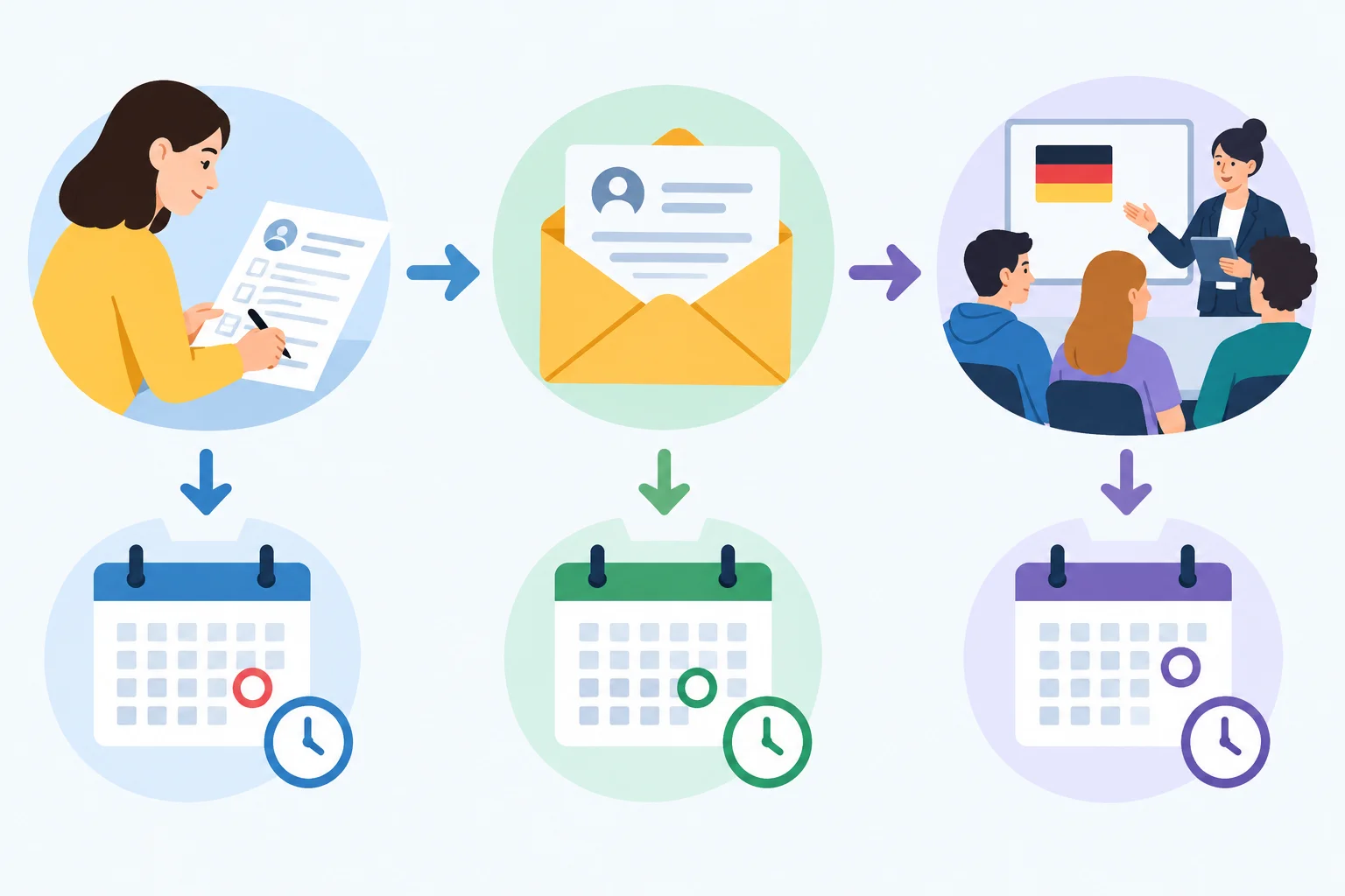 Linha do tempo com inscrição, envio de candidatura e participação em curso, cada ação ligada a uma data diferente.