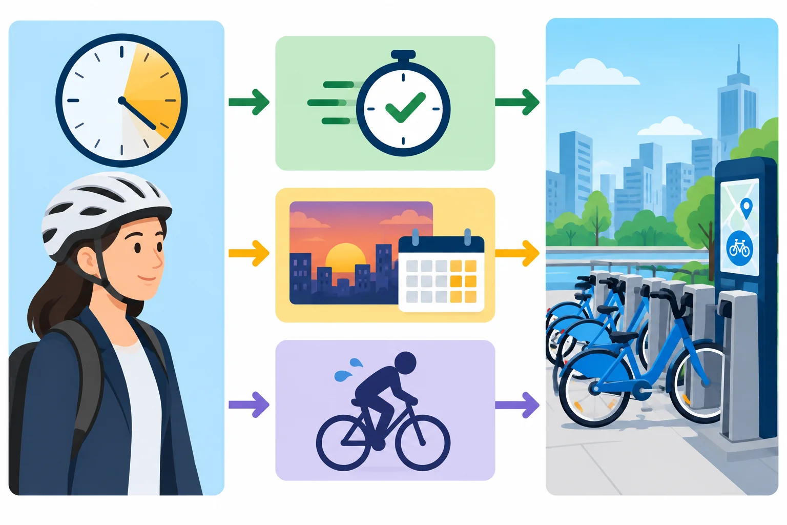 Esquema visual que liga o objetivo, o horário e o esforço de uma pessoa às características de uma opção de mobilidade.