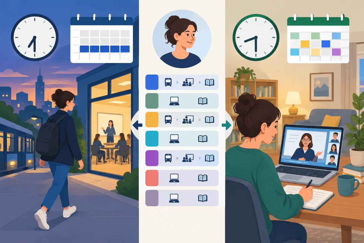 Comparação visual entre estudar em uma aula presencial com horário fixo e estudar on-line em casa com mais flexibilidade.