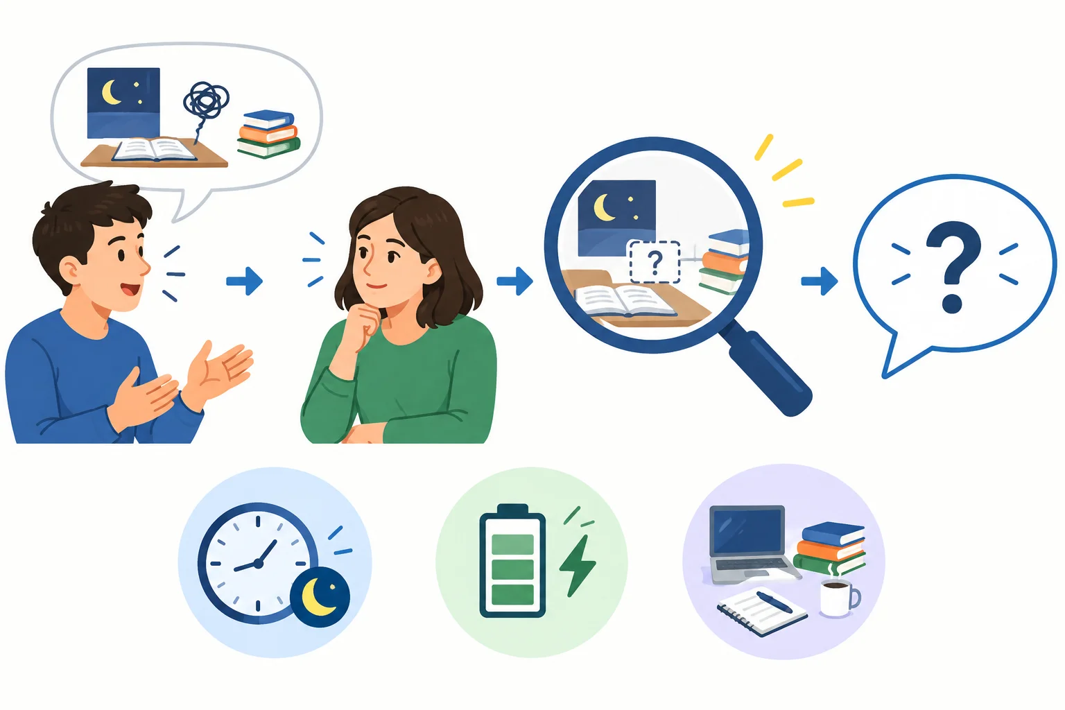 Esquema visual de uma fala sobre um problema, uma informação ainda desconhecida e uma pergunta de continuidade focada.