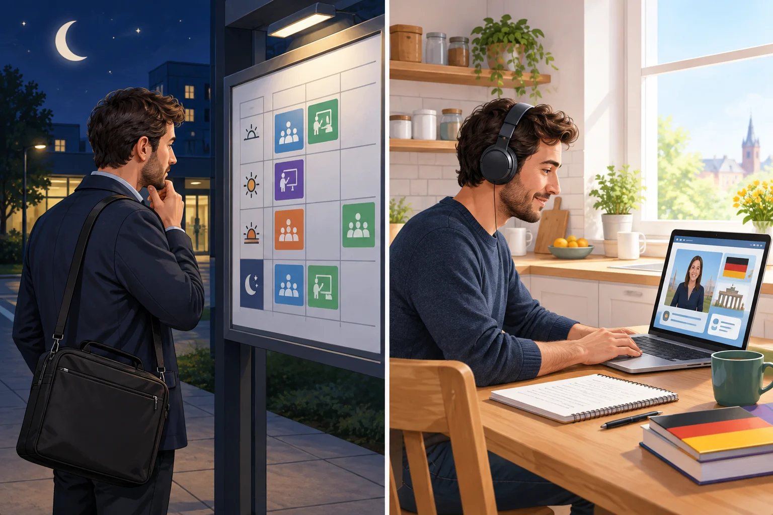 Comparação entre um curso noturno incompatível com o trabalho e uma alternativa de estudo online pela manhã.