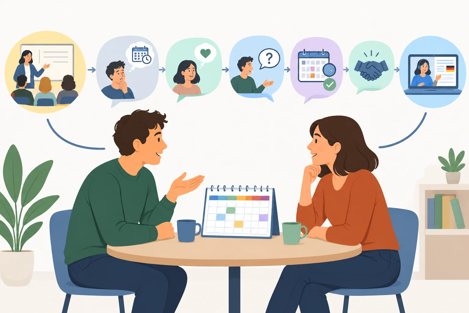 Diagrama de uma conversa entre duas pessoas comparando curso presencial noturno e curso on-line, passando por preferência, preocupação, ajuste e encerramento.