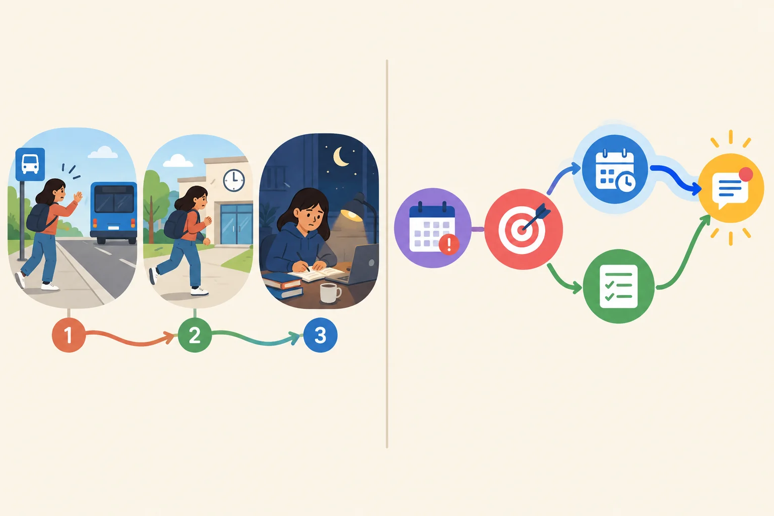 Comparação visual entre uma linha do tempo de acontecimentos e um caminho de resolução com problema, objetivo, alternativas e encaminhamento.