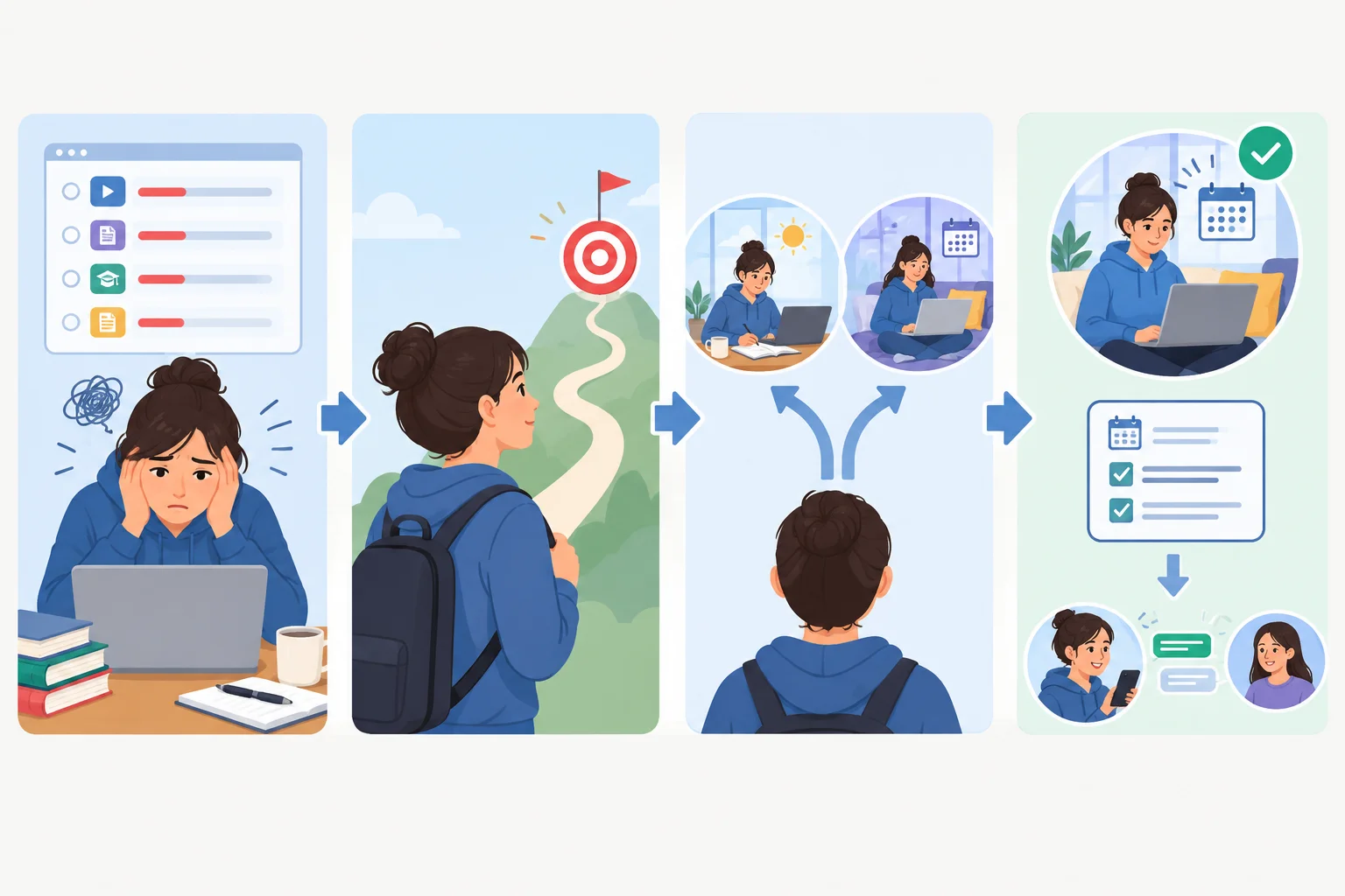 Diagrama em quatro etapas: dificuldade de estudo, objetivo, duas alternativas e encaminhamento com pedido de opinião.