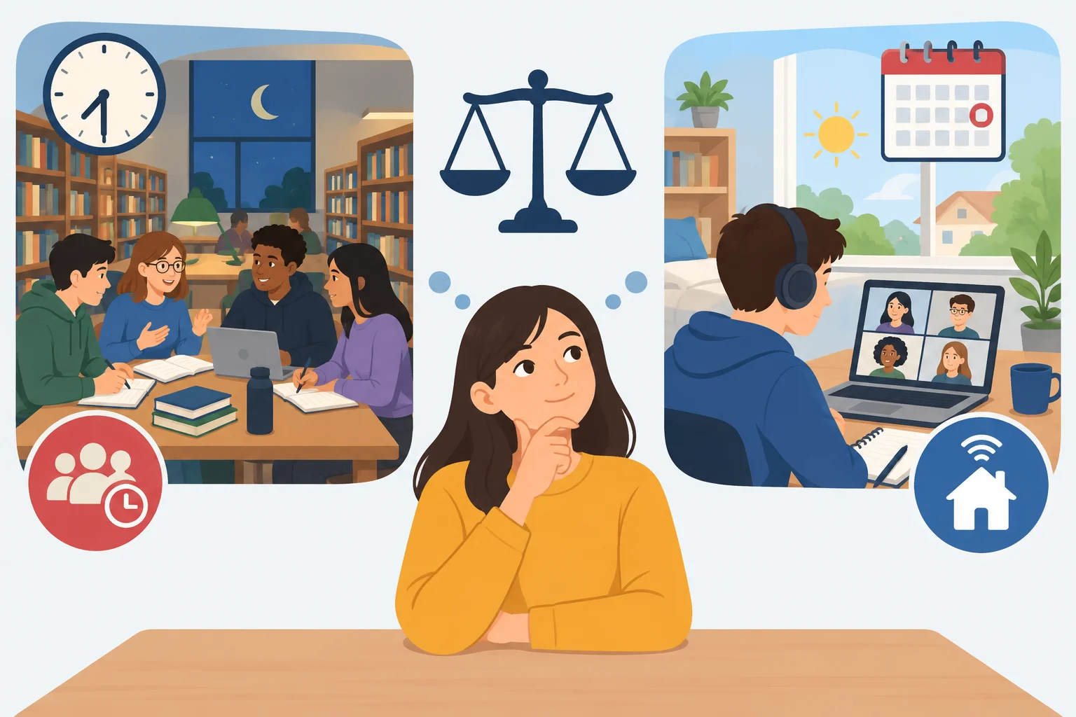 Comparação visual entre uma opção de estudo presencial à noite e uma opção on-line no sábado, cada uma com um benefício e uma limitação.